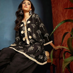 Stylum Women's Black Palm Tree Printed Pure Cotton A-Line Short Kurti With Farshi Salwar Set (KSBLACKSAZRIKA)