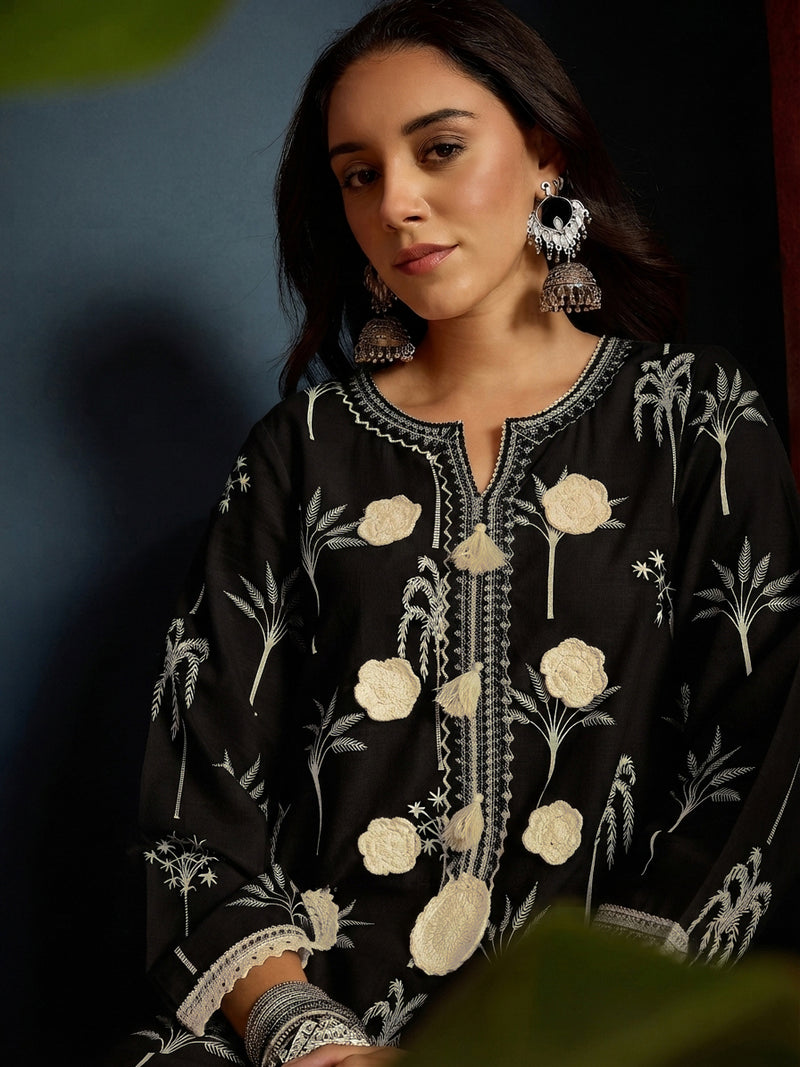Stylum Women's Black Palm Tree Printed Pure Cotton A-Line Short Kurti With Farshi Salwar Set (KSBLACKSAZRIKA)