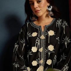 Stylum Women's Black Palm Tree Printed Pure Cotton A-Line Short Kurti With Farshi Salwar Set (KSBLACKSAZRIKA)