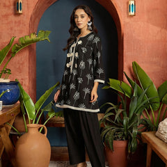 Stylum Women's Black Palm Tree Printed Pure Cotton A-Line Short Kurti With Farshi Salwar Set (KSBLACKSAZRIKA)