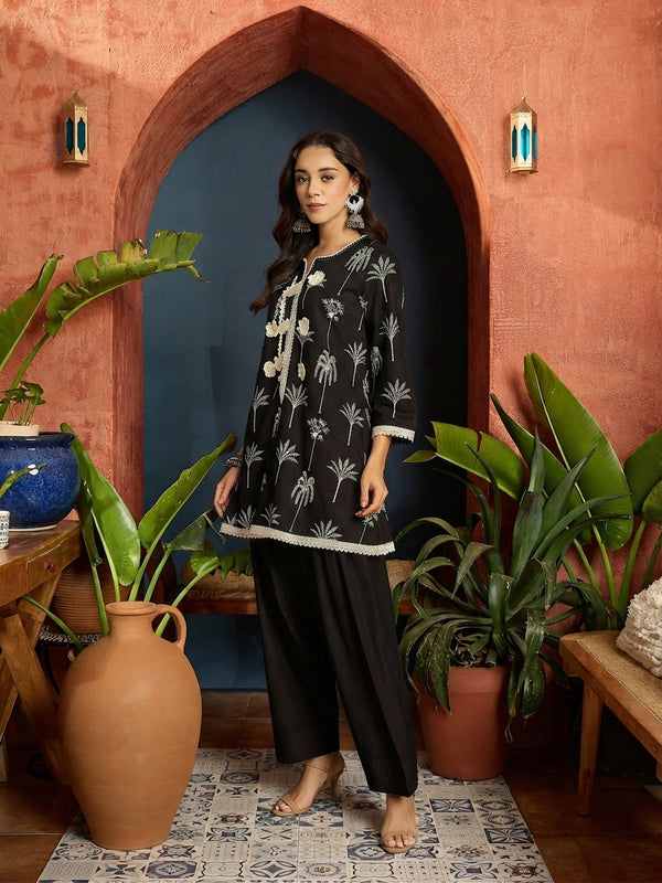 Stylum Women's Black Palm Tree Printed Pure Cotton A-Line Short Kurti With Farshi Salwar Set (KSBLACKSAZRIKA)