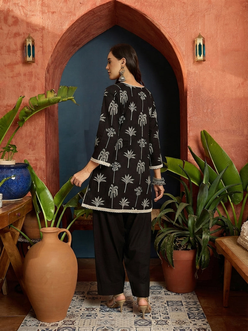 Stylum Women's Black Palm Tree Printed Pure Cotton A-Line Short Kurti With Farshi Salwar Set (KSBLACKSAZRIKA)
