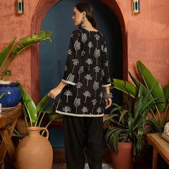 Stylum Women's Black Palm Tree Printed Pure Cotton A-Line Short Kurti With Farshi Salwar Set (KSBLACKSAZRIKA)