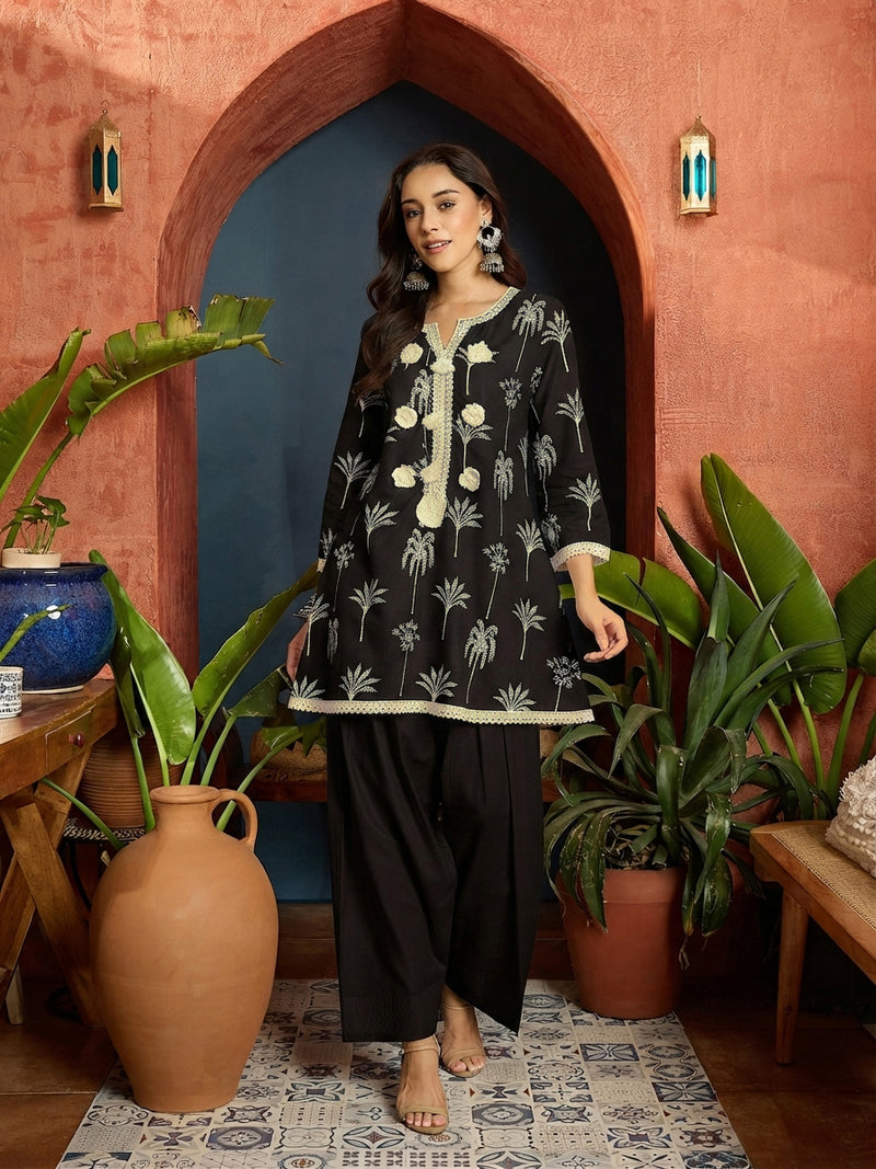 Stylum Women's Black Palm Tree Printed Pure Cotton A-Line Short Kurti With Farshi Salwar Set (KSBLACKSAZRIKA)