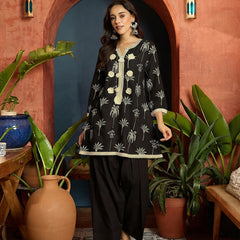 Stylum Women's Black Palm Tree Printed Pure Cotton A-Line Short Kurti With Farshi Salwar Set (KSBLACKSAZRIKA)