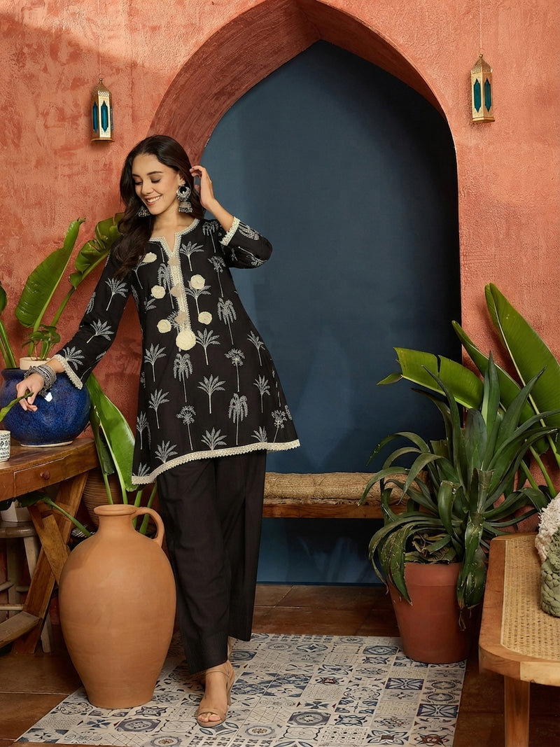 Stylum Women's Black Palm Tree Printed Pure Cotton A-Line Short Kurti With Farshi Salwar Set (KSBLACKSAZRIKA)