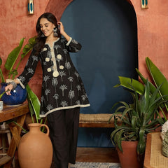 Stylum Women's Black Palm Tree Printed Pure Cotton A-Line Short Kurti With Farshi Salwar Set (KSBLACKSAZRIKA)