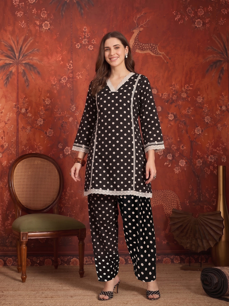 Stylum Women's Black Polka Dots Printed Rayon A-Line Short Kurti With Farshi Salwar (KSBLACKTOM)
