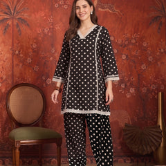 Stylum Women's Black Polka Dots Printed Rayon A-Line Short Kurti With Farshi Salwar (KSBLACKTOM)