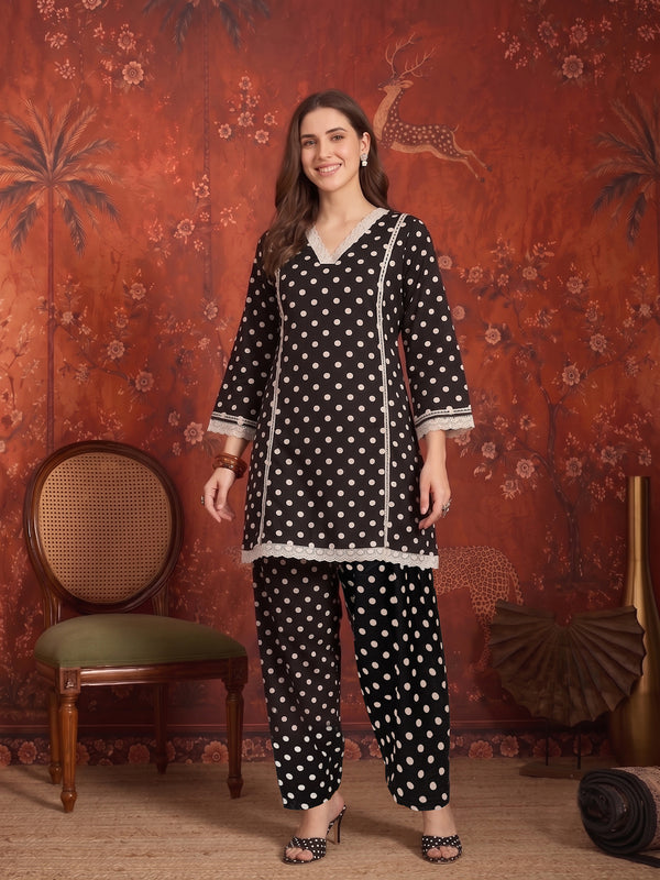 Stylum Women's Black Polka Dots Printed Rayon A-Line Short Kurti With Farshi Salwar (KSBLACKTOM)