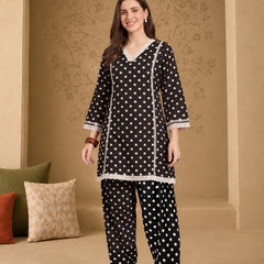 Stylum Women's Black Polka Dots Printed Rayon A-Line Short Kurti With Farshi Salwar (KSBLACKTOM)
