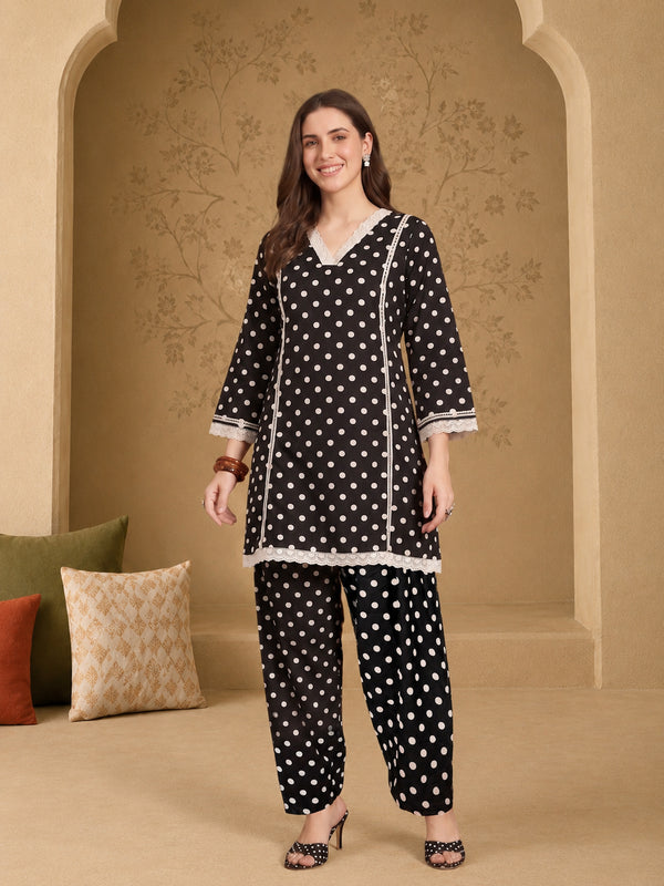 Stylum Women's Black Polka Dots Printed Rayon A-Line Short Kurti With Farshi Salwar (KSBLACKTOM)