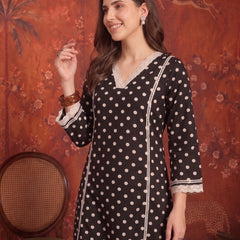 Stylum Women's Black Polka Dots Printed Rayon A-Line Short Kurti With Farshi Salwar (KSBLACKTOM)