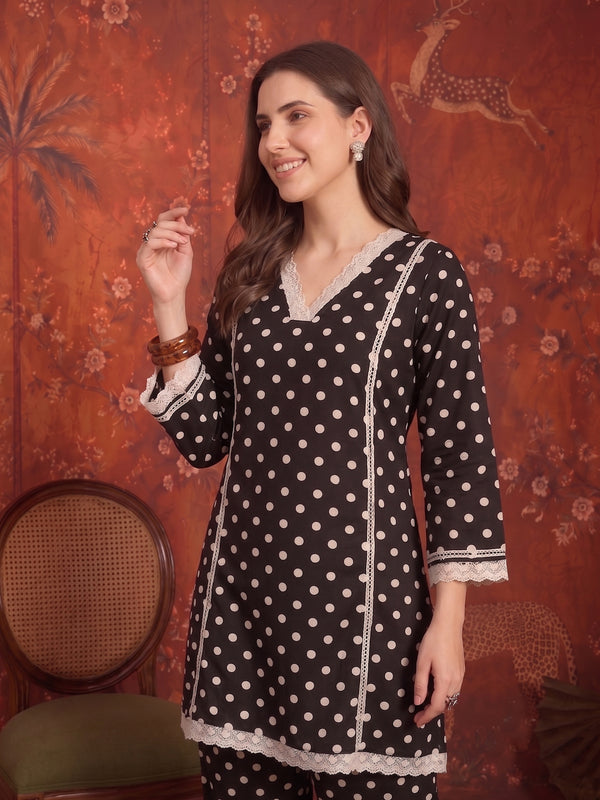 Stylum Women's Black Polka Dots Printed Rayon A-Line Short Kurti With Farshi Salwar (KSBLACKTOM)