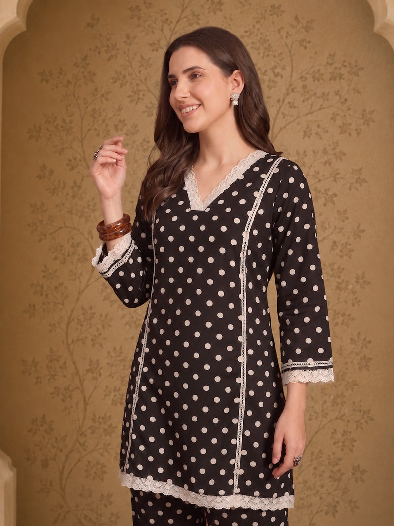 Stylum Women's Black Polka Dots Printed Rayon A-Line Short Kurti With Farshi Salwar (KSBLACKTOM)