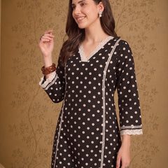 Stylum Women's Black Polka Dots Printed Rayon A-Line Short Kurti With Farshi Salwar (KSBLACKTOM)