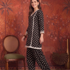 Stylum Women's Black Polka Dots Printed Rayon A-Line Short Kurti With Farshi Salwar (KSBLACKTOM)