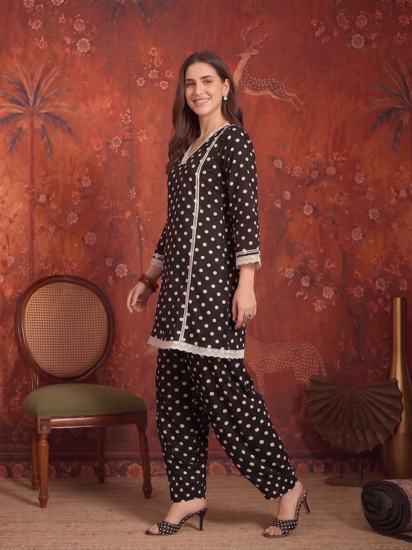 Stylum Women's Black Polka Dots Printed Rayon A-Line Short Kurti With Farshi Salwar (KSBLACKTOM)