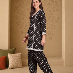Stylum Women's Black Polka Dots Printed Rayon A-Line Short Kurti With Farshi Salwar (KSBLACKTOM)