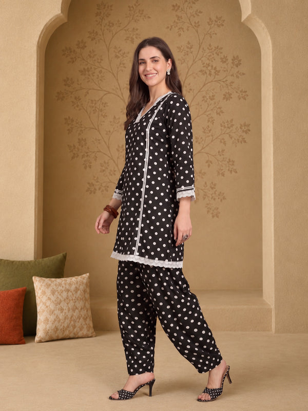 Stylum Women's Black Polka Dots Printed Rayon A-Line Short Kurti With Farshi Salwar (KSBLACKTOM)