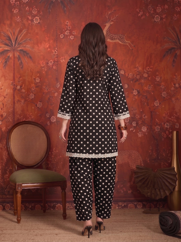 Stylum Women's Black Polka Dots Printed Rayon A-Line Short Kurti With Farshi Salwar (KSBLACKTOM)