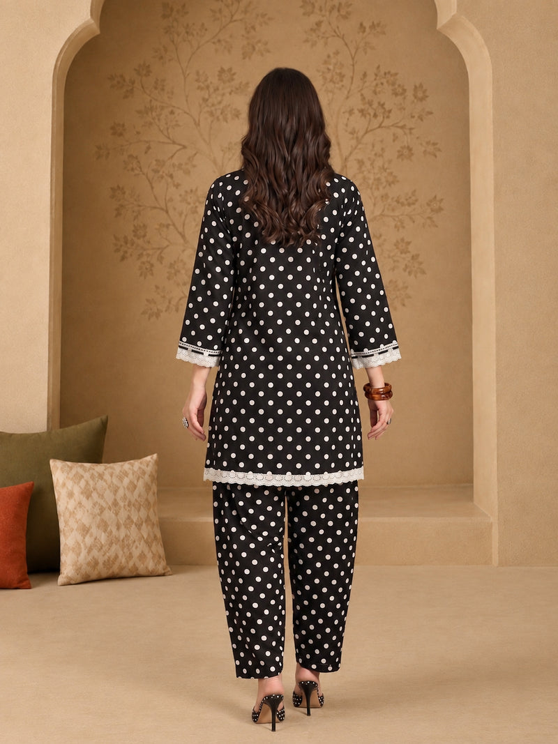 Stylum Women's Black Polka Dots Printed Rayon A-Line Short Kurti With Farshi Salwar (KSBLACKTOM)