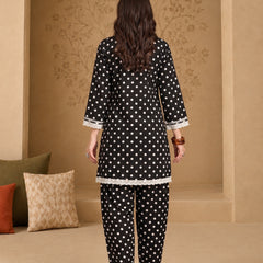 Stylum Women's Black Polka Dots Printed Rayon A-Line Short Kurti With Farshi Salwar (KSBLACKTOM)
