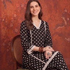 Stylum Women's Black Polka Dots Printed Rayon A-Line Short Kurti With Farshi Salwar (KSBLACKTOM)