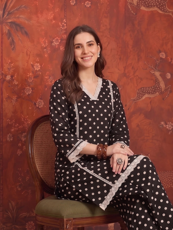 Stylum Women's Black Polka Dots Printed Rayon A-Line Short Kurti With Farshi Salwar (KSBLACKTOM)