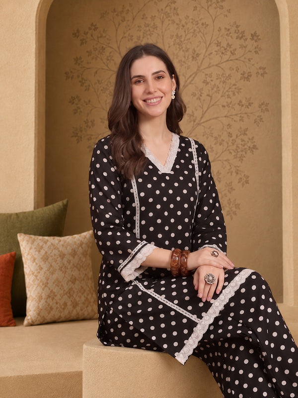 Stylum Women's Black Polka Dots Printed Rayon A-Line Short Kurti With Farshi Salwar (KSBLACKTOM)