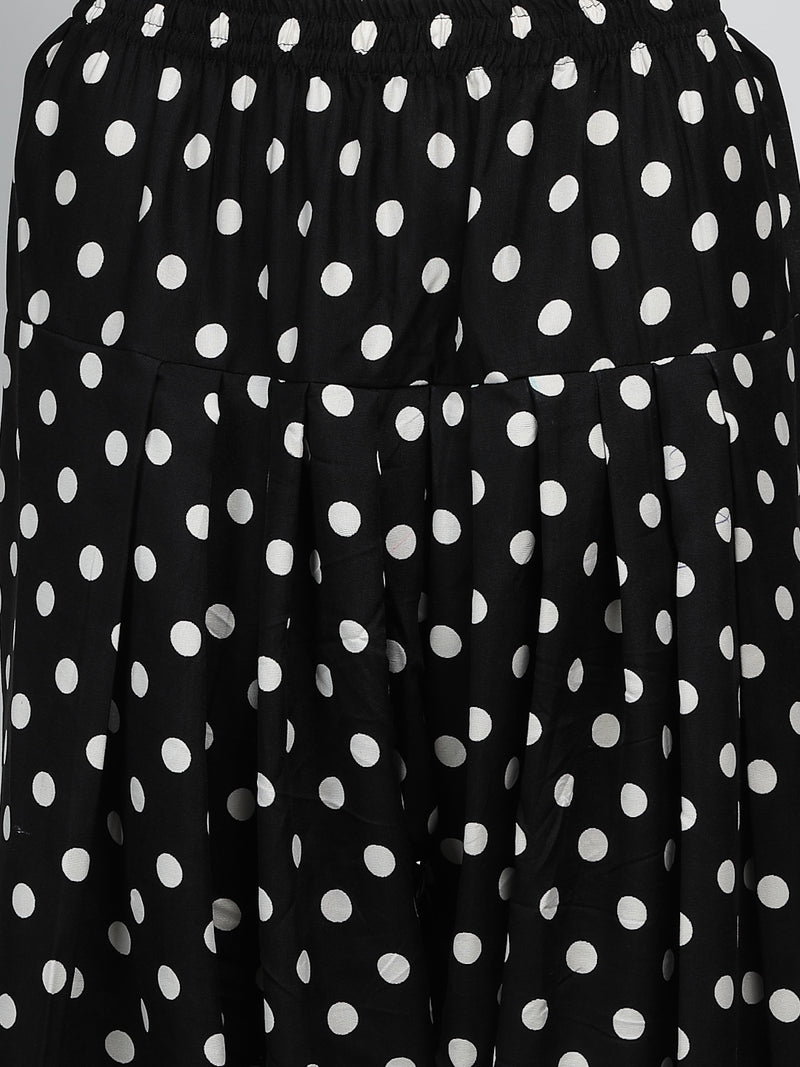 Stylum Women's Black Polka Dots Printed Rayon A-Line Short Kurti With Farshi Salwar (KSBLACKTOM)