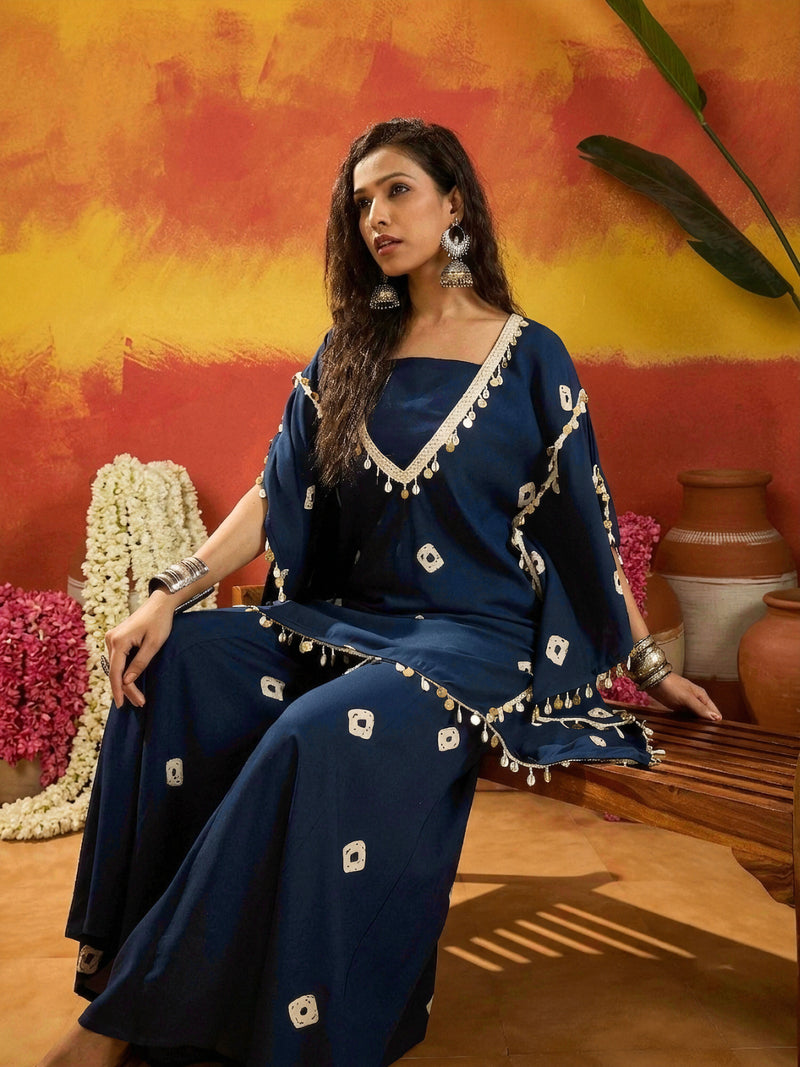 Stylum Women's Blue Bandhej Printed Rayon Kaftan Tube Top Sharara Set (KSBLUEBUMNI)
