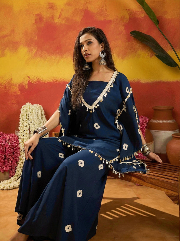 Stylum Women's Blue Bandhej Printed Rayon Kaftan Tube Top Sharara Set (KSBLUEBUMNI)