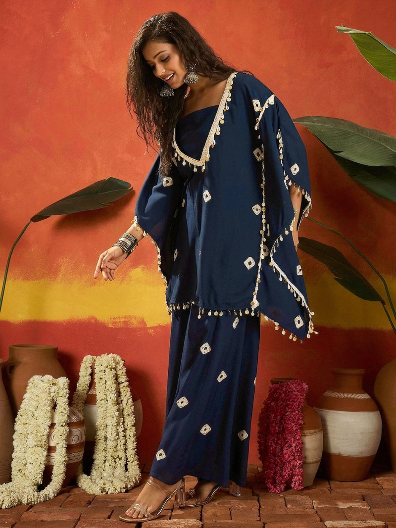 Stylum Women's Blue Bandhej Printed Rayon Kaftan Tube Top Sharara Set (KSBLUEBUMNI)