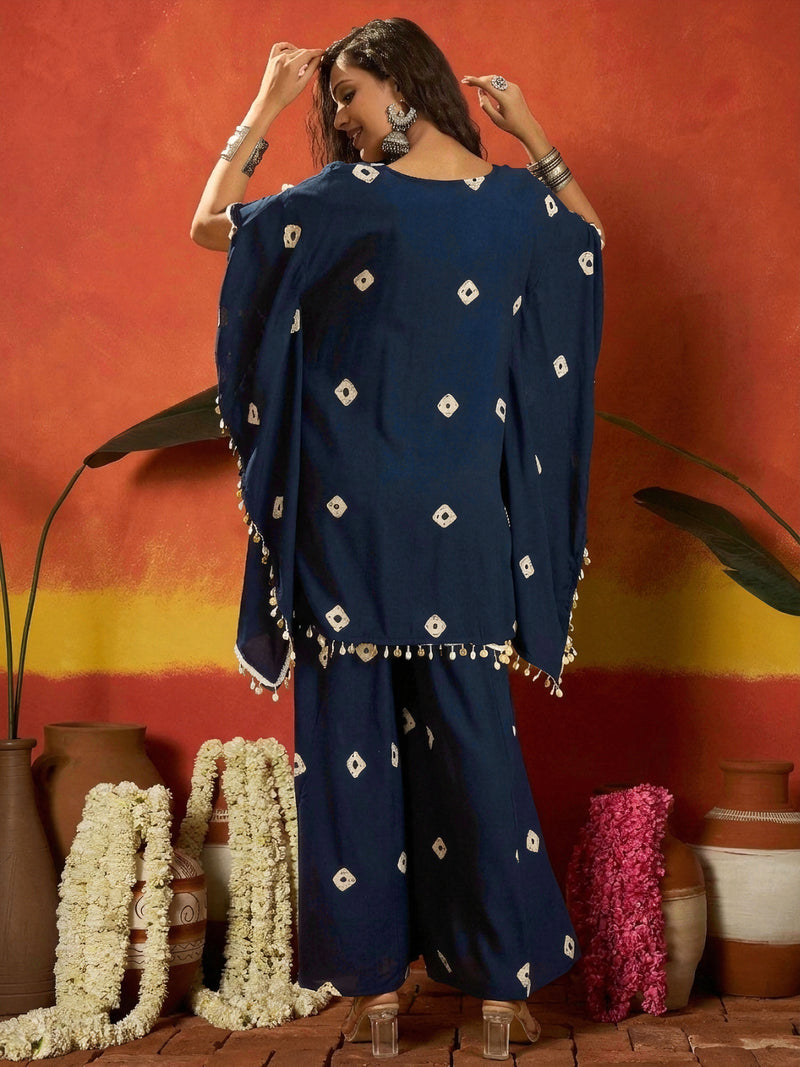 Stylum Women's Blue Bandhej Printed Rayon Kaftan Tube Top Sharara Set (KSBLUEBUMNI)
