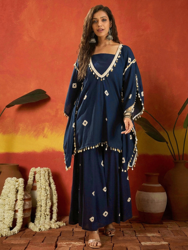 Stylum Women's Blue Bandhej Printed Rayon Kaftan Tube Top Sharara Set (KSBLUEBUMNI)