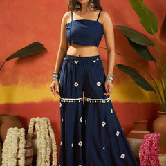 Stylum Women's Blue Bandhej Printed Rayon Kaftan Tube Top Sharara Set (KSBLUEBUMNI)