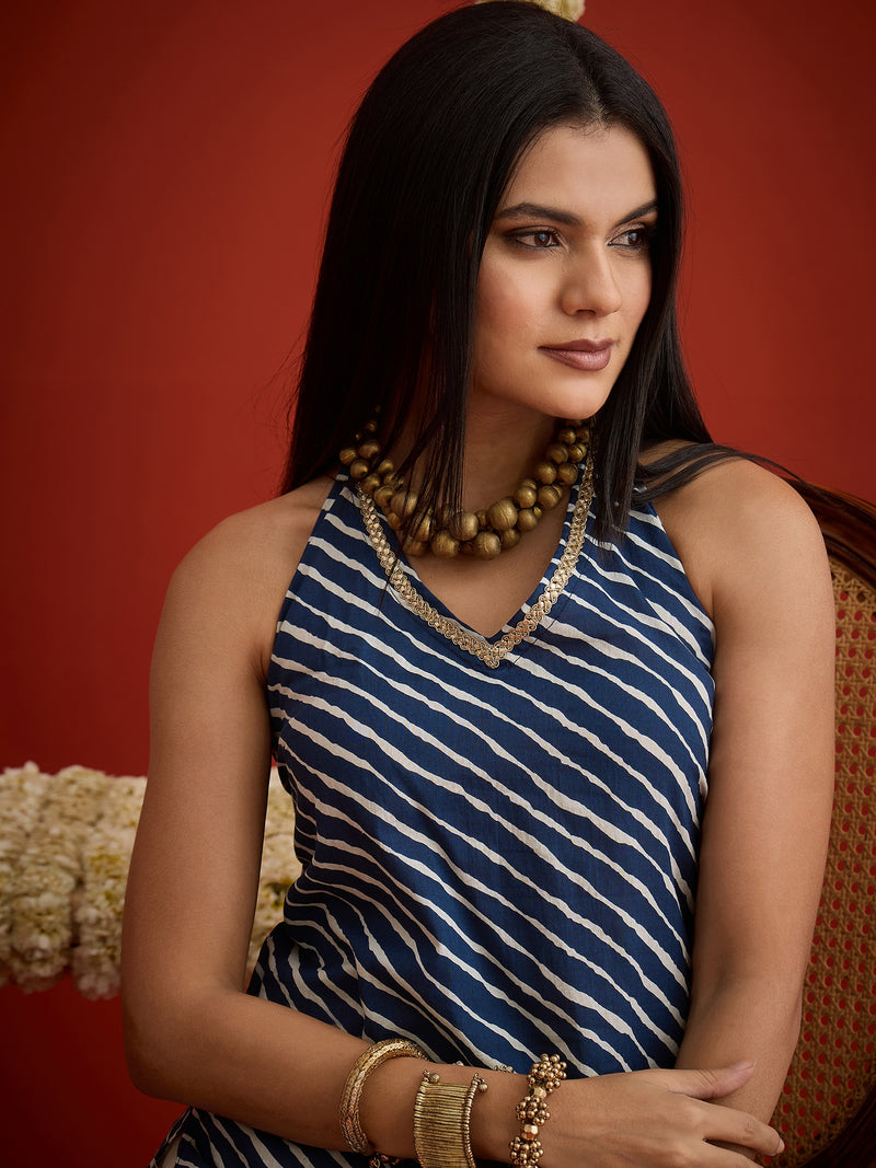 Stylum Women's Blue Leheriya Printed Cotton Straight Short Kurti With Farshi Salwar (KSBLUEERIC)