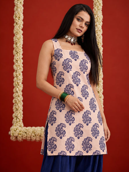 Stylum Women's Blue Printed Rayon Short Kurti With Farshi Salwar Set (KSBLUEHAYATT)