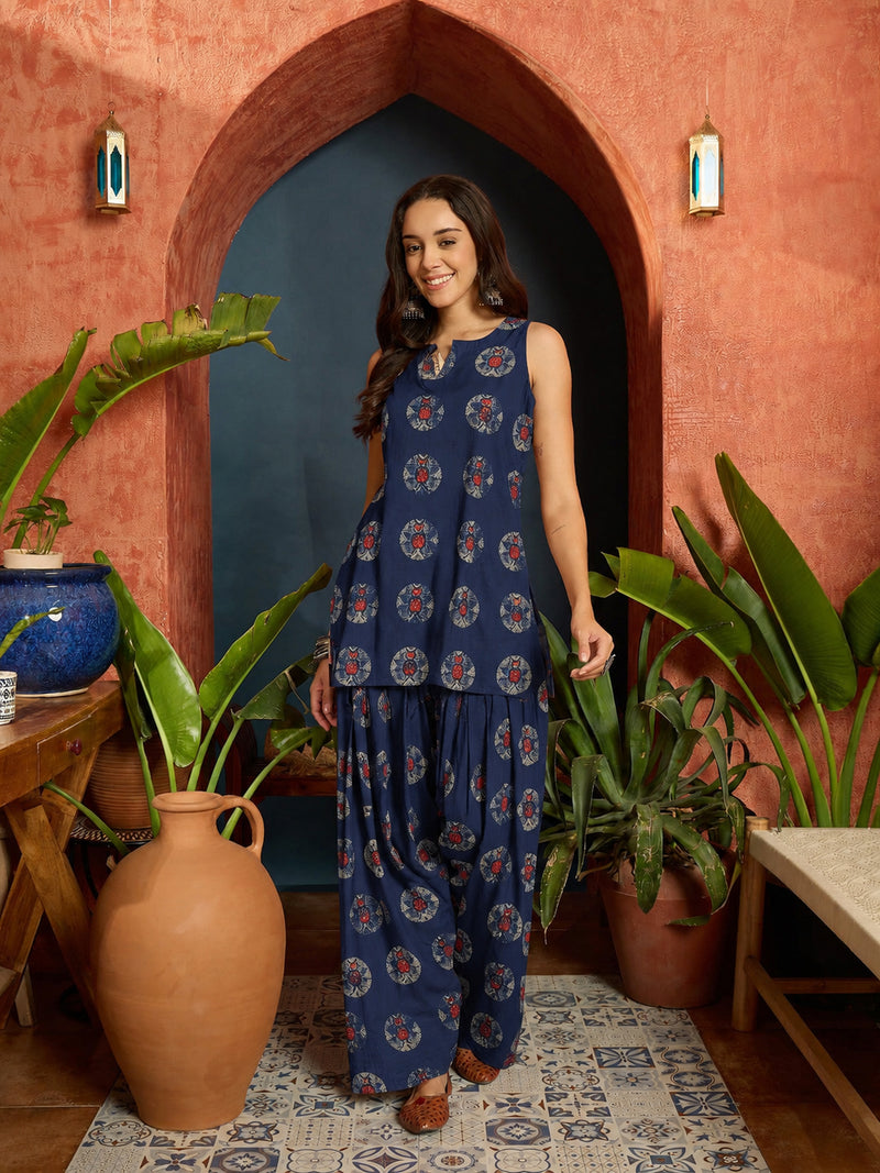 Stylum Women's Indigo Ethnic Printed Pure Cotton Straight Kurti With Farshi Salwar (KSBLUEJANTAR)