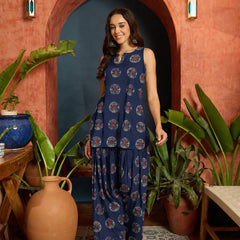Stylum Women's Indigo Ethnic Printed Pure Cotton Straight Kurti With Farshi Salwar (KSBLUEJANTAR)