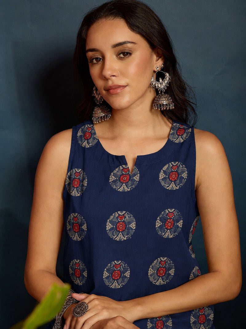 Stylum Women's Indigo Ethnic Printed Pure Cotton Straight Kurti With Farshi Salwar (KSBLUEJANTAR)