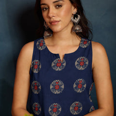 Stylum Women's Indigo Ethnic Printed Pure Cotton Straight Kurti With Farshi Salwar (KSBLUEJANTAR)