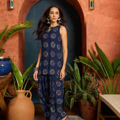Stylum Women's Indigo Ethnic Printed Pure Cotton Straight Kurti With Farshi Salwar (KSBLUEJANTAR)