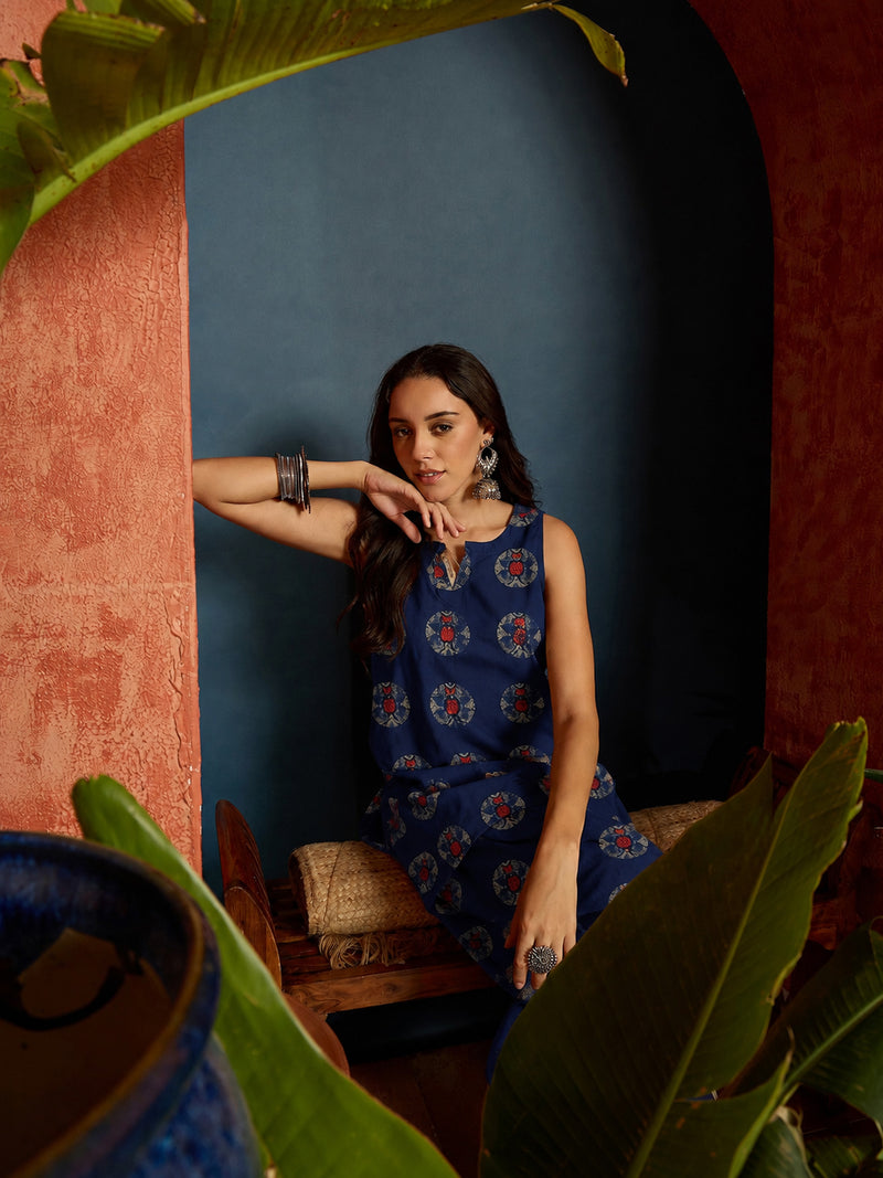 Stylum Women's Indigo Ethnic Printed Pure Cotton Straight Kurti With Farshi Salwar (KSBLUEJANTAR)