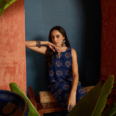 Stylum Women's Indigo Ethnic Printed Pure Cotton Straight Kurti With Farshi Salwar (KSBLUEJANTAR)