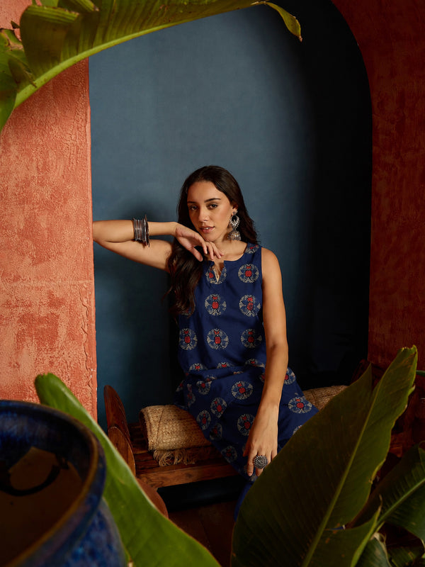 Stylum Women's Indigo Ethnic Printed Pure Cotton Straight Kurti With Farshi Salwar (KSBLUEJANTAR)