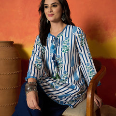 Stylum Women's Blue Striped & Floral Printed Rayon A-Line Kurti With Farshi Salwar (KSBLUEMABISH)