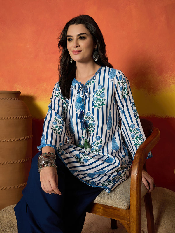 Stylum Women's Blue Striped & Floral Printed Rayon A-Line Kurti With Farshi Salwar (KSBLUEMABISH)
