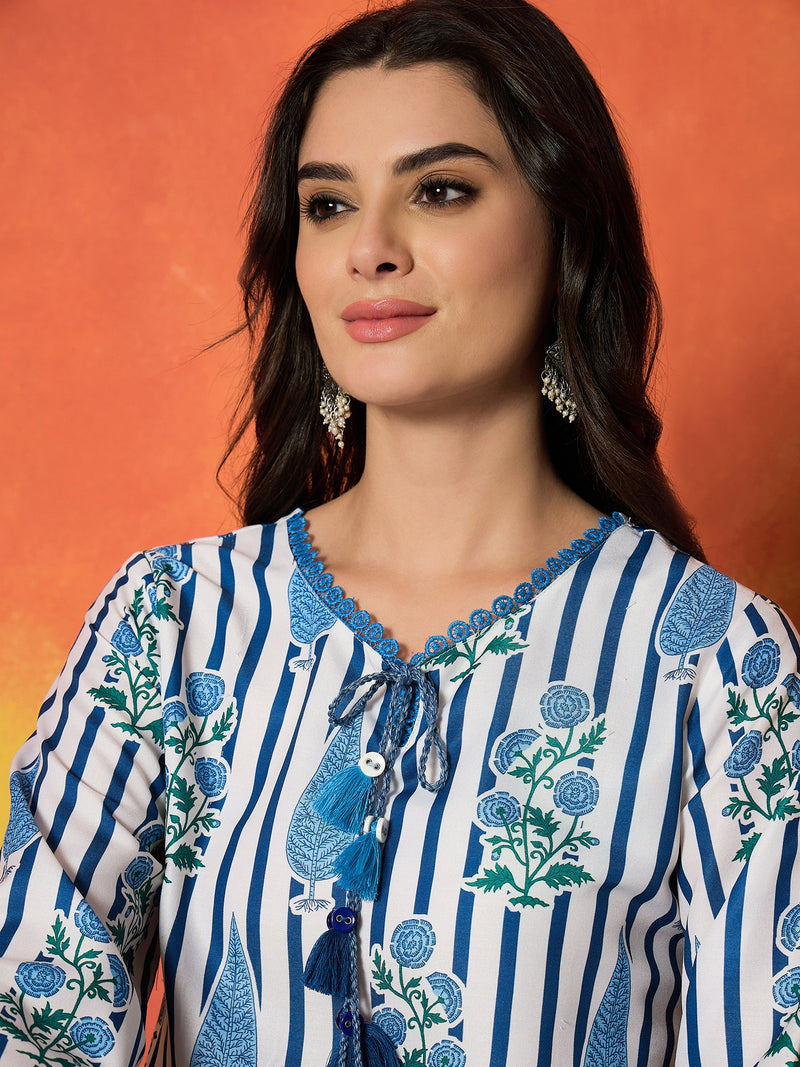 Stylum Women's Blue Striped & Floral Printed Rayon A-Line Kurti With Farshi Salwar (KSBLUEMABISH)